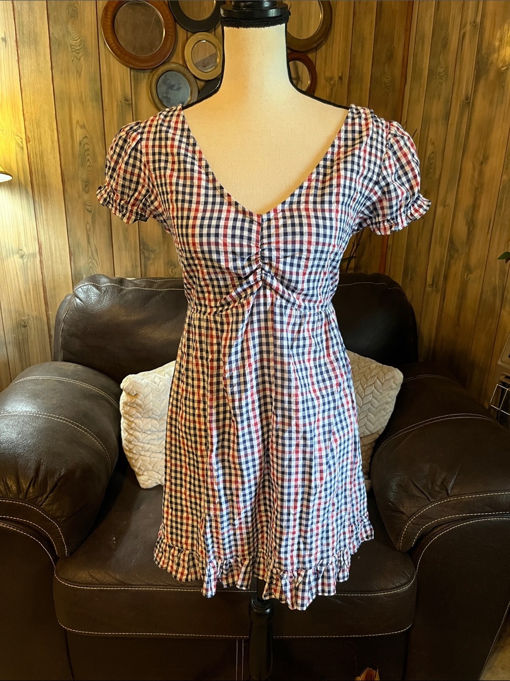 Angie Red White and Blue Mini Dress Gingham Baby Doll Milkmaid